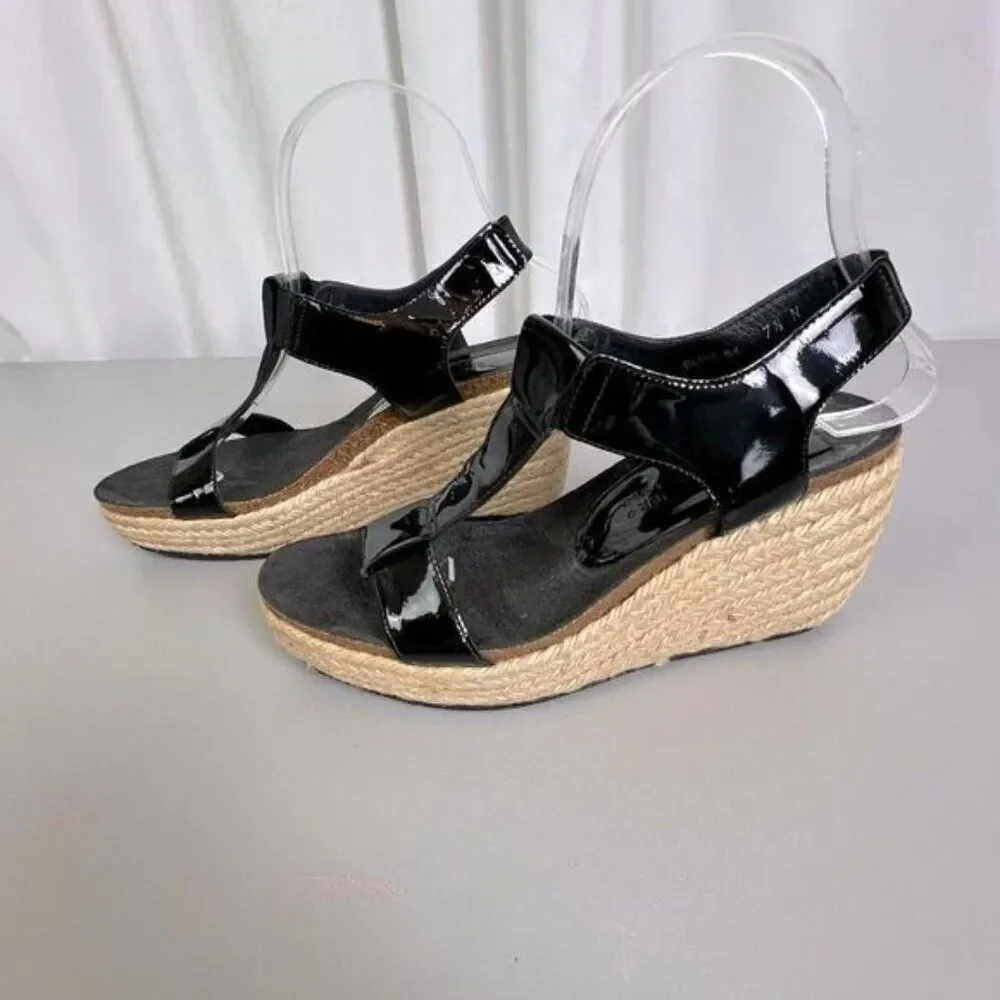DONALD J PLINER WOMENS BLACK PATENT LEATHER STYLE WEDGE ESPADRILLES SIZE 7.5 N